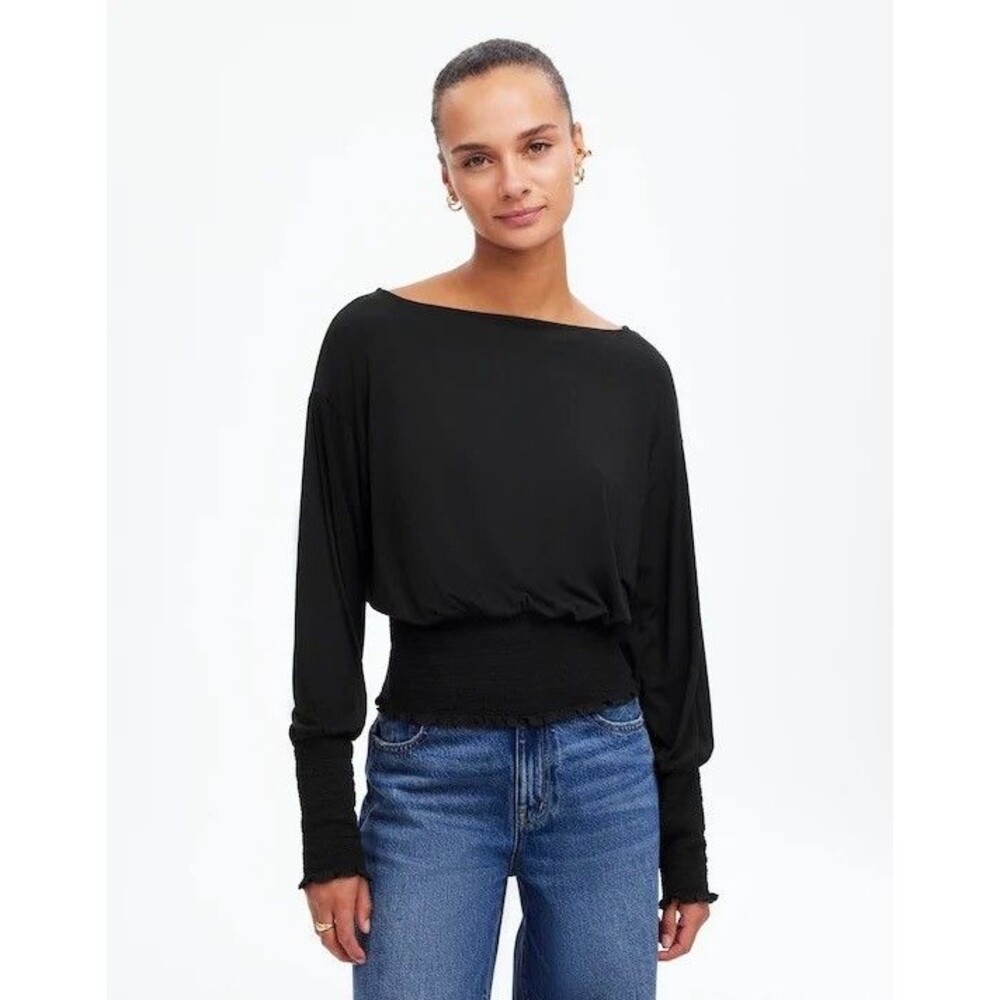 MADEWELL Cinched Long-Sleeve Top XXS Jet Black Boat Neck Jersey Romantic NWT B60